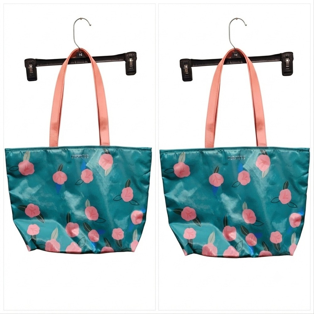 NEW Clinique Teal Pink Floral Tote Bag Satin Finish Summer Beach Shoulder Bag